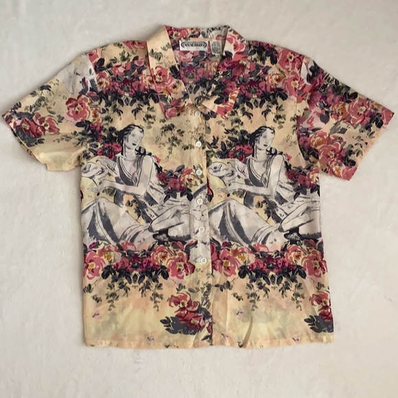 {VTG} Wayne Rogers | 100% Silk Floral Button Up Short Sleeve Top Art To Wear (S) - Picture 16 of 16